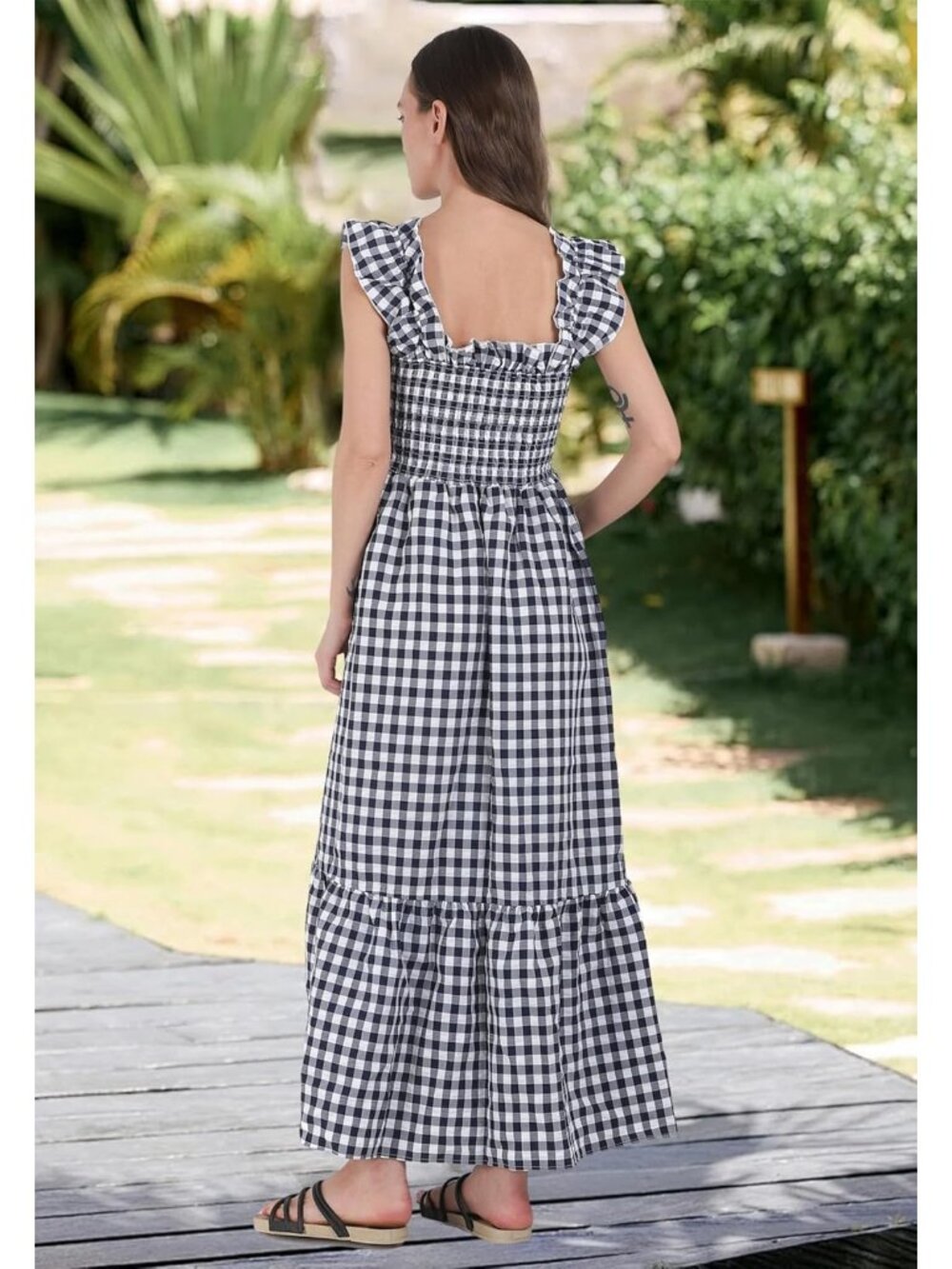 Women's Black Retro Plaid Smocked Spaghetti Strap Flounce Long Maxi Dress - Picture 5 of 6